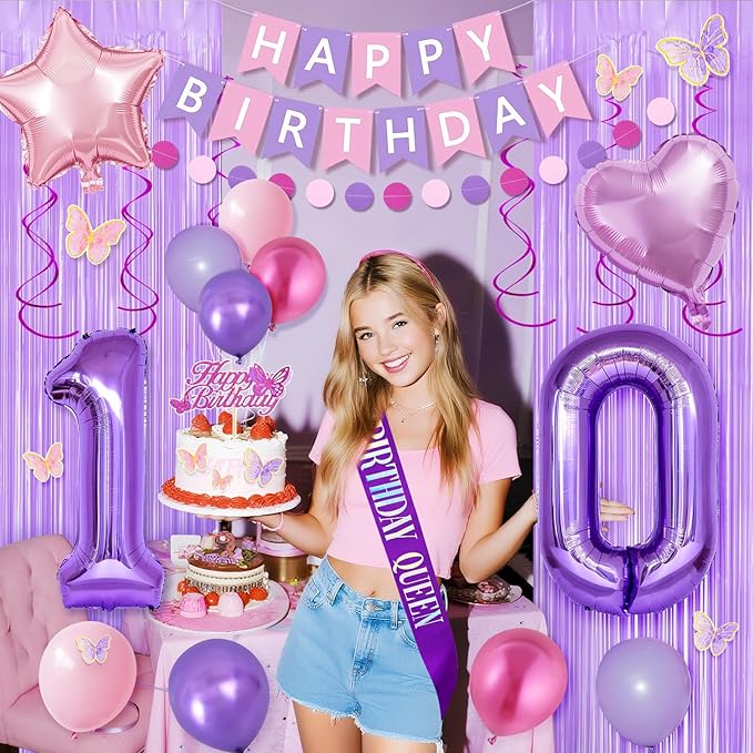 10th Purple Birthday Decorations for Girls, Pink and Purple Happy 10 Birthday Party Decorations with Happy Birthday Banner, Number Foil Balloons, Butterfly Cake Topper for 10th Party Supplies