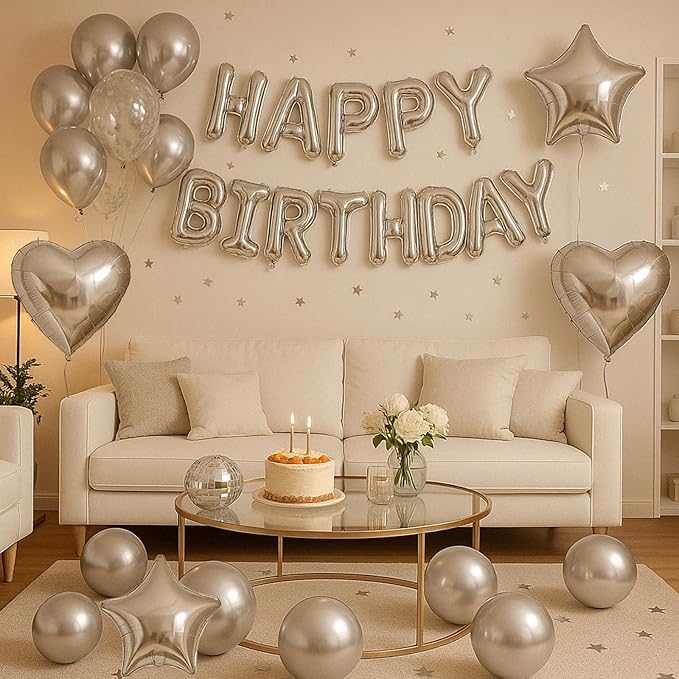 29PC Silver Happy Birthday Balloon Banner, 16 Inch 3D Aluminum Letter Banner Sign, Metallic Silver Pearl Latex Balloons 18 Inch Star Heart Foil Balloons for Women, Men Party Decorations
