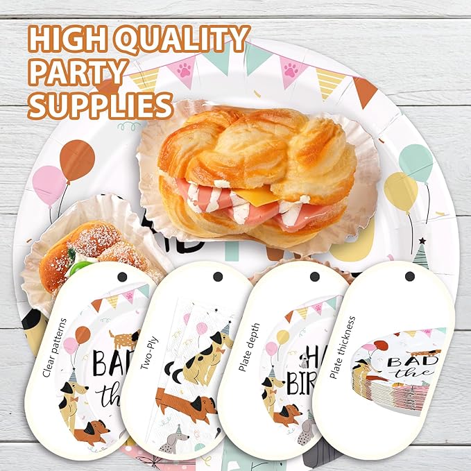 96Pcs Bad Two the Bone Party Supplies 2nd Dog Birthday Plates and Napkins Cute Cartoon Dog Theme Tableware Set for 2 Year Old Puppy Themed Birthday Party Supplies，Serves 24