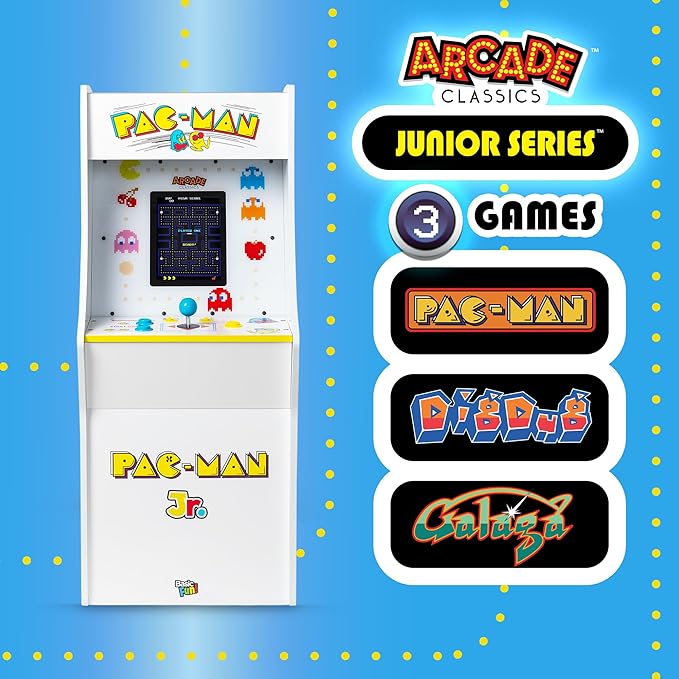 Arcade Classics Pac Man Jr Series Free Standing Machine, 3 Games, 8" Liquid Crystal Screen - Arcade Game for Basements, Garages, or Game Rooms