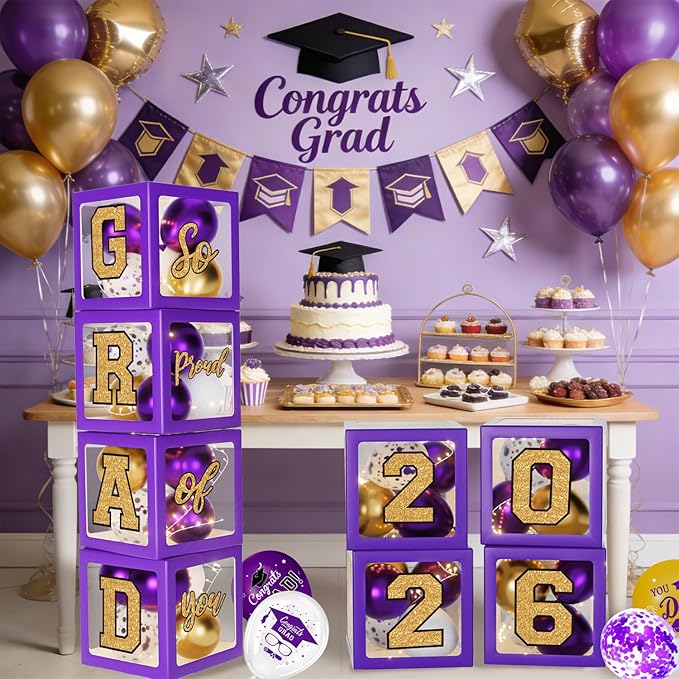 Purple and Gold Graduation Decorations 2026, Graduation Decorations Set of 4 Balloons Boxes with Letters 2026 GRAD So Proud of You, Congrats Grad Decorations for High School & College