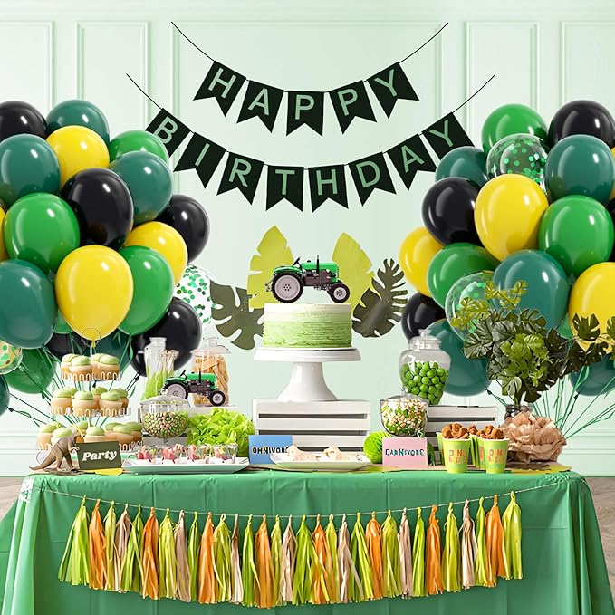 60pcs Tractor Balloons 12inch with Black Green and Yellow Balloons for Baby Shower Farm Tractor Birthday Party Decorations