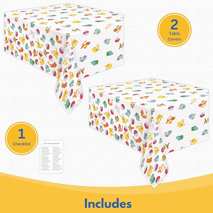 Unique Pokemon Table Cloth (2 Pack) - Pokemon Birthday Party Decorations - Officially Licensed - Party Supplies - 2 Plastic Tablecloth, with Checklist