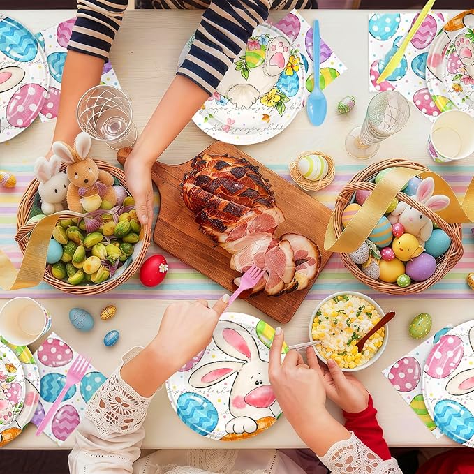 168PCS Easter Party Supplies Easter Egg Party Decorations Cartoon Bunny Paper Plates and Napkins Cups for Spring Themed Easter Birthday Party Serves 24