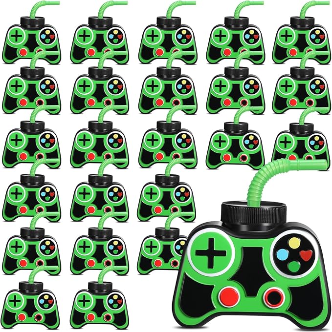 Mifoci 24 Pcs Plastic Video Game Party Cups with Straw and Lid 10oz Gamer Birthday Themed Drink Cups 7th Video Game Party Favors for Kids Toddlers Gamer Birthday Supplies (Green)