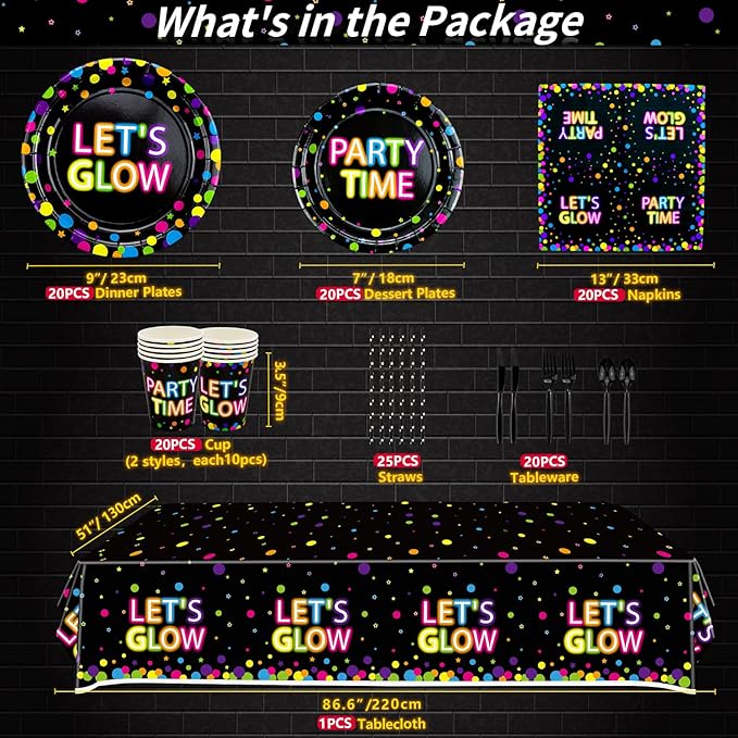 458 Pcs Glow Party Supplies - Include Balloons, Banner, Glow Sticks, Tableware and Tablecloths for Neon Party Decorations, Serves 20