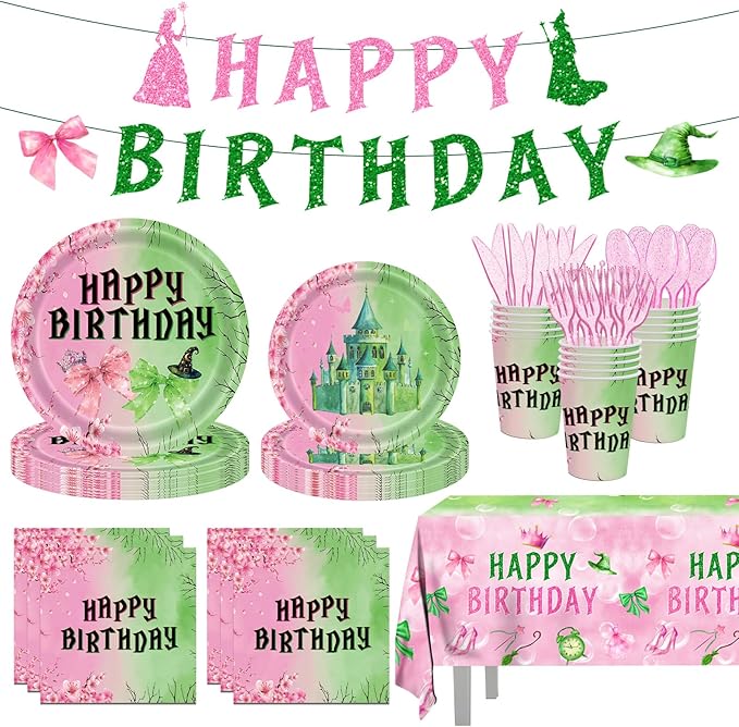 142pcs Pink and Green Witch Party Decorations Tableware, Witch Table Centerpieces Party Supplies, Tableware Set Paper Cups for Girls Birthday Party Decorations Severs 20 Guests