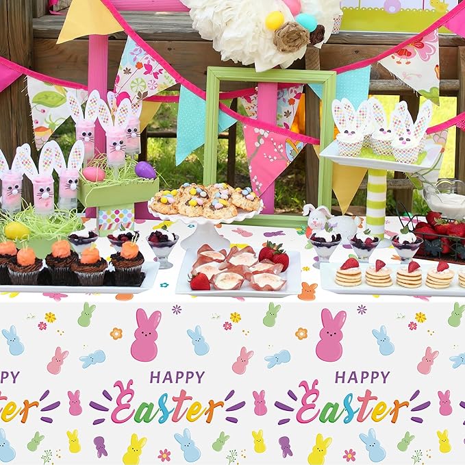 Easter Bunny Peeps Tablecloth - 3 Pack Happy Easter Tablecover Decoration Set Colorful Rabbits Plastic Disposable Rectangle Waterproof Table Covers Hello Spring Party Picnic Dinner Decor