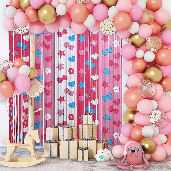 Adorable Kawaii Cat Party Decor Kit with 15 Balloons - 2 Pack 3.3x6.6ft Tinsel Foil Fringe Curtains Backdrop, Photo Booth Bows, Girls’ Birthday Party Supplies Room Decor (Pink/White)