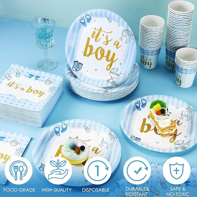 200 Pcs Blue Baby Shower Paper Plates Napkins Cups Boy Baby Shower Party Supplies Tableware Set Blue Disposable Cup Napkin for 50 Guest Boys Spring Party Decoration