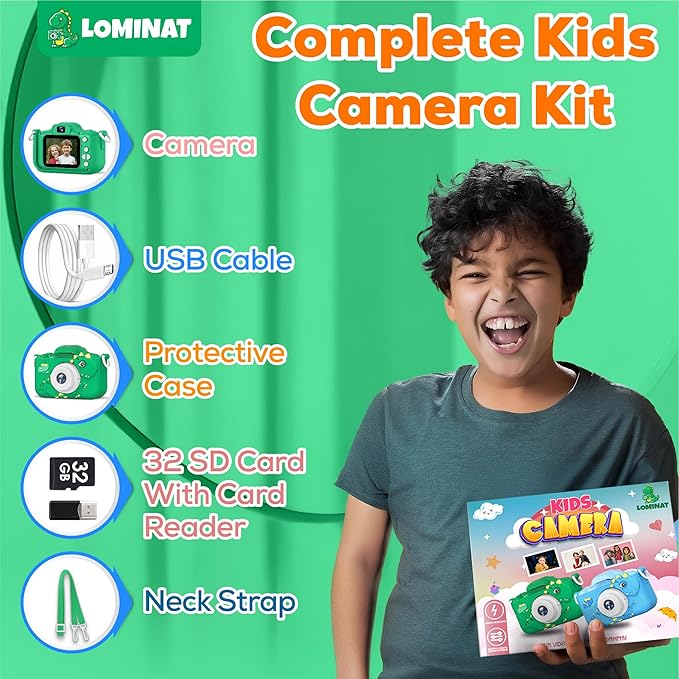 Kids Camera for 3, 4, 5, 6, 7, 8, 9 Year Old Boys Girls – 1080P HD Kids Video Camera, Dinosaur Christmas Birthday Gifts, Toddler Dual Lens Digital Camera with Games, Toys for Toddlers - 32GB SD Card