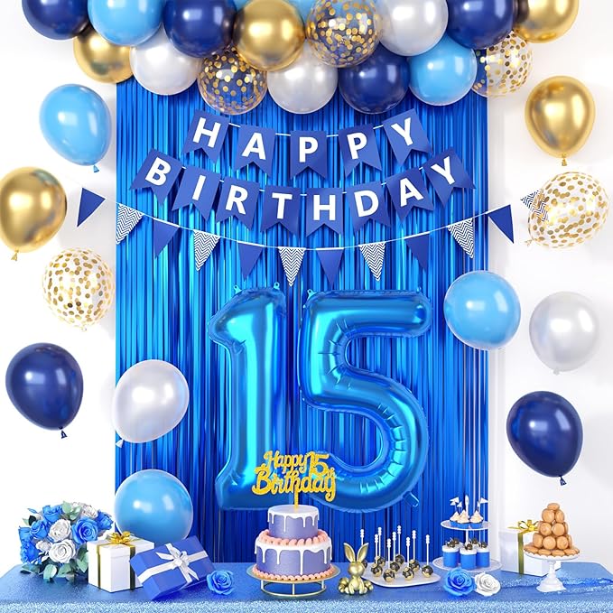 15th Birthday Decorations, Dark Happy Birthday Party Decorations With Number 15 Balloons Metallic Gold Pearl White Light Blue Fringe Curtain Banner Cake Topper For Boy Girl Party Supplies