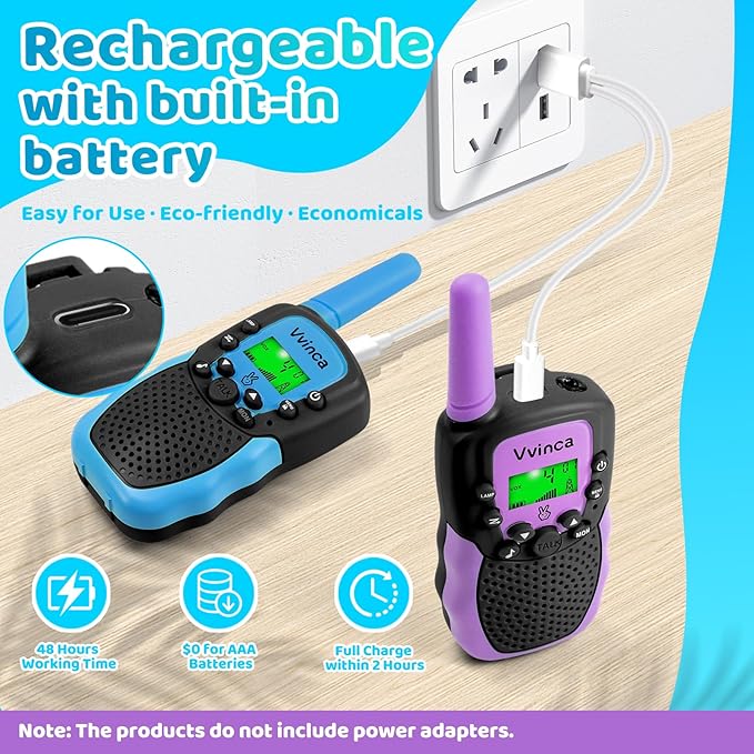 Vvinca Rechargeable Walkie Talkies for Kids 4 Pack, 5-7 Year Old Boy Toys Long Range 22 Channels 2 Way Kids Walkie Talkie with Flashlight for Camping Hiking Indoor Outdoor 3 4 5 6-12 Girl Boy Gift