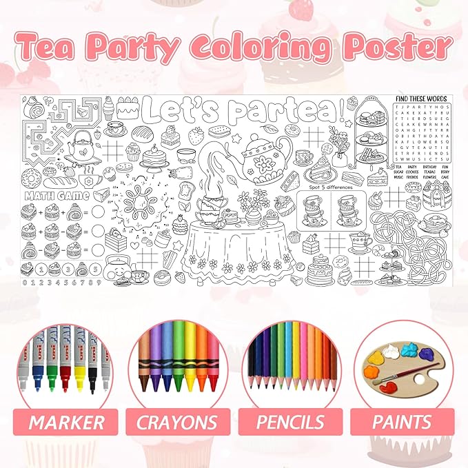 Naozinebi Spring Tea Time Giant Coloring Poster for Kids Large Coloring Tablecloth Big Paper Sheets Page Flower Table Cloth DIY Activity Game Art Crafts Mat Wall Home Party Decoration Supplies