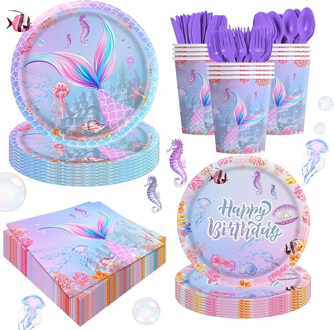 140pcs Mermaid Birthday Party Decorations Set Mermaid Party Supplies Includes Plates, Napkin, Fork, Cup Baby Shower Ocean Birthday Party Decorations, Serves 20