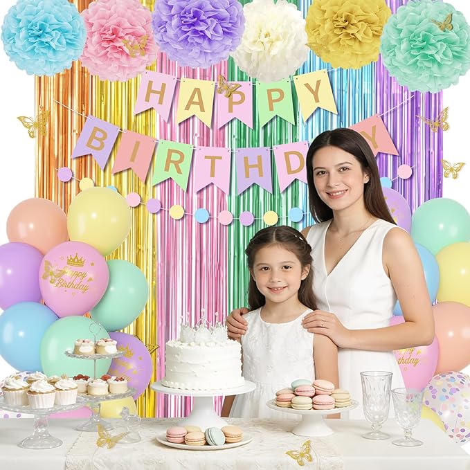 Pastel Birthday Decorations for Women Girls, Rainbow Colorful Printed Confetti Balloons Butterfly Stickers Fringe Curtain Happy Birthday Banner Circle Dots Garland Paper Pompoms Spring Party Supplies