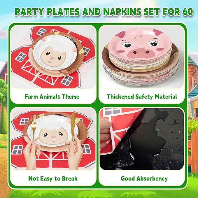 180Pcs Farm Animals Party Supplies Paper Plates and Napkins Serve 60 Disposable Tableware Set for Birthday Party Decorations Game Day Family Holiday Sports Events