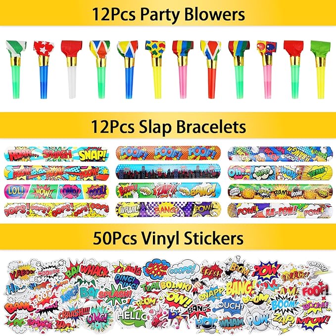 208Pcs Hero Party Favors - for 12 Guests, Hero Birthday Party Supplies, with Mask Straw Slap Bracelets Keychain Party Blowers Stickers Sticky Hands for Goodie Bag Stuffer, Pinata Filler