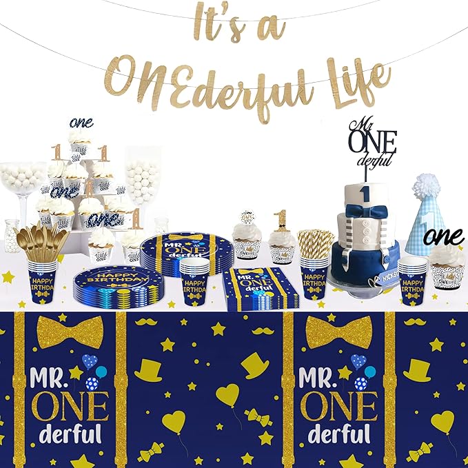 APOWBLS Mr Onederful First Birthday Decorations Tableware Boy, Baby Boy Onederful 1st Birthday Party Supplies, Paper Plate, Cup, Napkin, Tablecloth, Cutlery | Serves 24