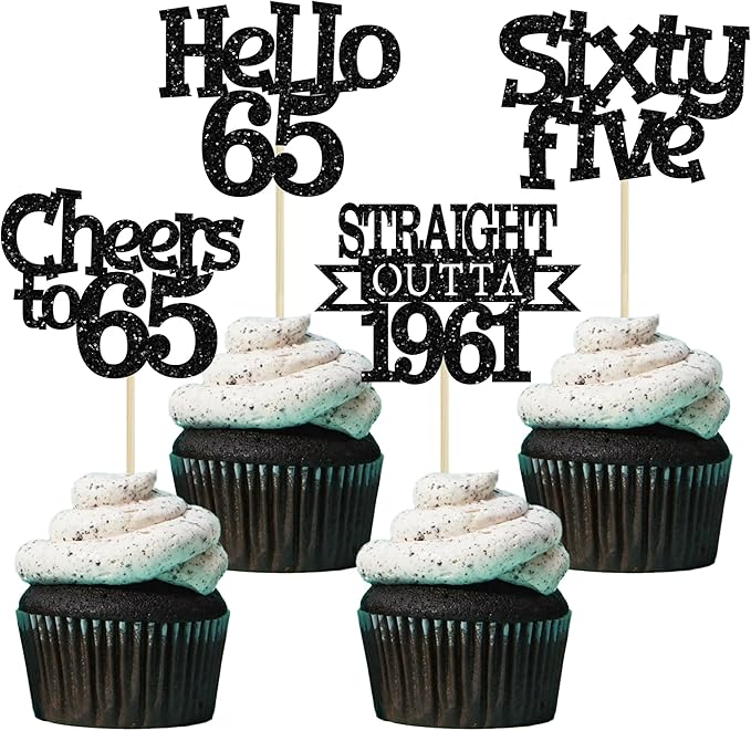 Ephlyn 24Pcs 65th Birthday Cupcake Toppers Glitter Straight Outta 1961 Cupcake Picks Hello 65 Cheers to 65 Years Cake Decorations for 65th Birthday Anniversary Party Decorations Supplies Black