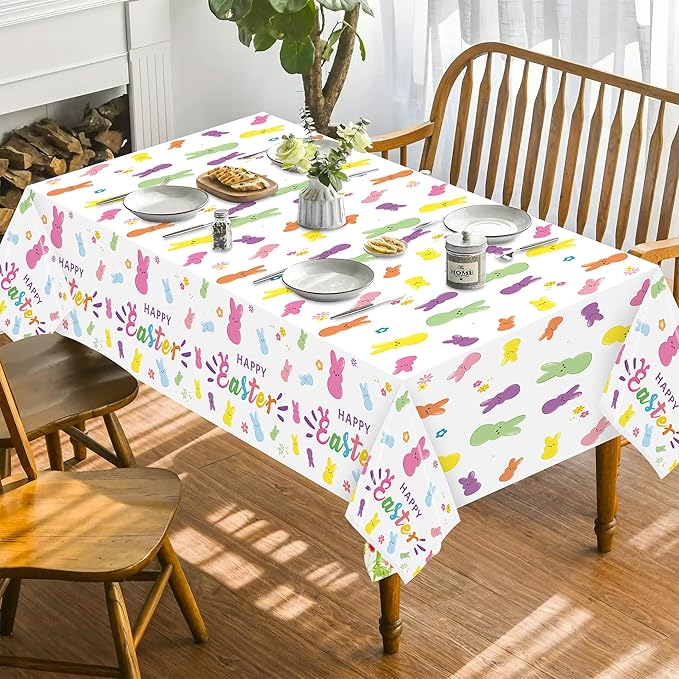 Easter Bunny Peeps Tablecloth - 3 Pack Happy Easter Tablecover Decoration Set Colorful Rabbits Plastic Disposable Rectangle Waterproof Table Covers Hello Spring Party Picnic Dinner Decor