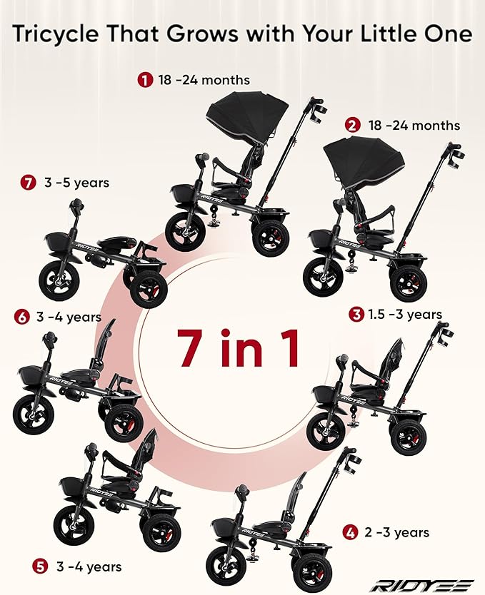 7-in-1 Tricycle for 18 Months to 5 Years, All-Terrain Rubber Tires, Dual Wheel Brakes, Rotatable Seat for Toddlers 1.5-3, Tricycle for 3-5 Years with DIY Stickers, Grey