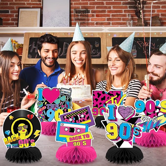 10 Pcs 90s Party Decorations, 90s Retro Honeycomb Centerpieces Back to 90s Party Table Centerpieces 1990s Vintage Birthday Party Favors Supplies 90s Themed Party Decorations