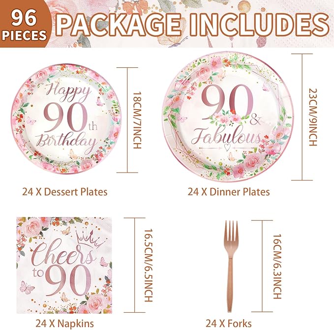 96 Pcs 90th Birthday Party Decorations for Women Rose Gold Floral 90th Birthday Plates and Napkins Tableware Sets 90 and Fabulous Party Supplies for 90 Years Old Birthday Party Favors Serves 24