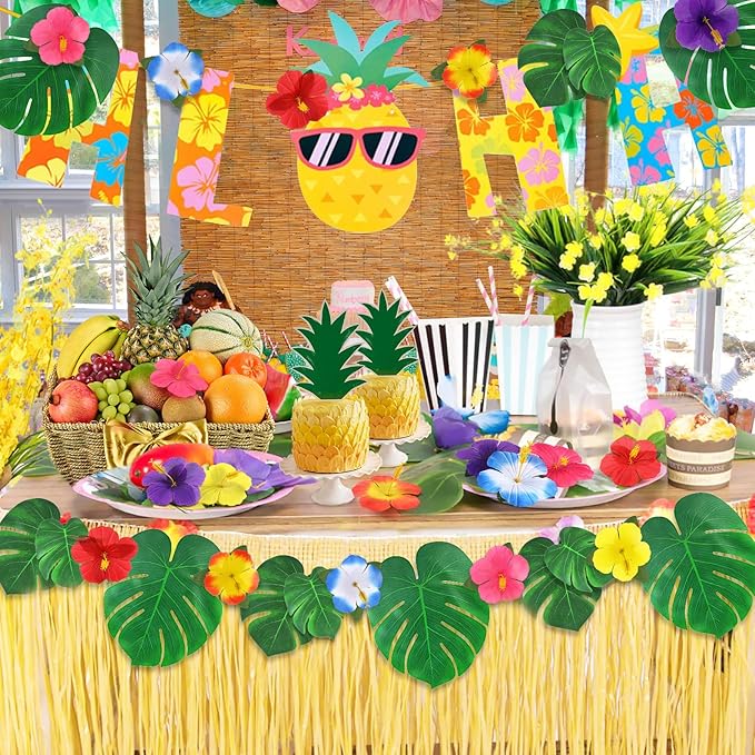 126Pcs Luau Party Decorations Supplies Tropical Palm Leaves Hibiscus Flowers Simulation Artificial Leaf for Hawaiian Luau Safari Parties Jungle Beach Theme BBQ Birthday Party Decorations Table Décor