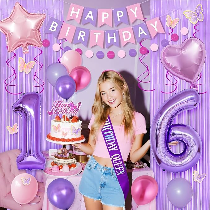 16th Purple Birthday Decorations for Girls, Pink and Purple Happy 16 Birthday Party Decorations with Happy Birthday Banner, Number Foil Balloons, Butterfly Cake Topper for 16th Party Supplies