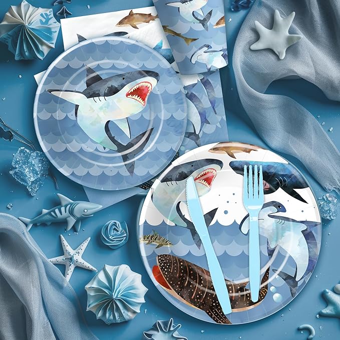 Shark Birthday Plates And Napkins Party Supplies - Ocean Under The Sea Shark Birthday Decorations Tableware, Paper Plate, Cup, Napkin, Disposable Fork, Serves 24