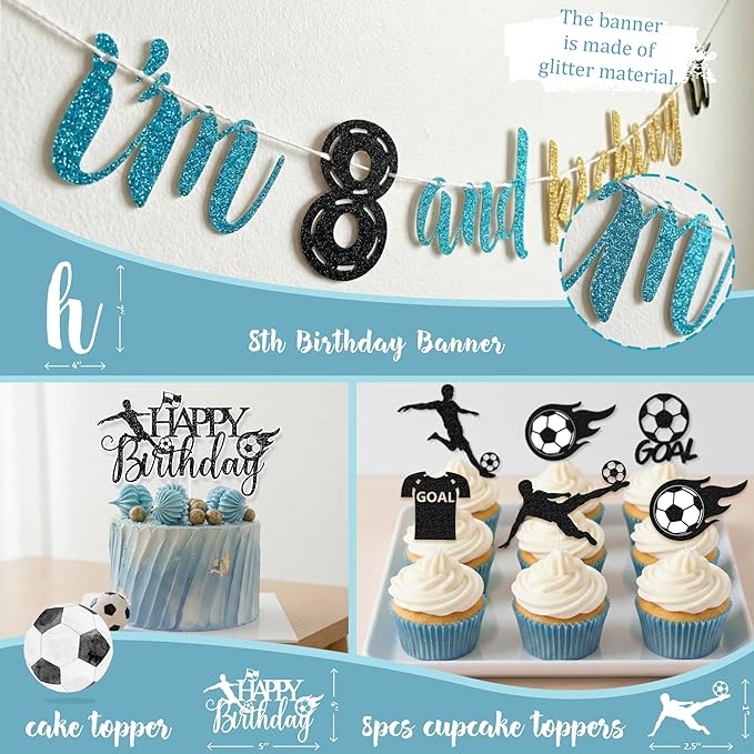 Soccer 8th Birthday Party Decorations Kit for Boys Soccer Birthday Party Supplies Set Soccer Football Party Decor with Backdrop Tablecloth Cake and Cupcake Toppers for 8-Year-Old Kids Boys Party Decor