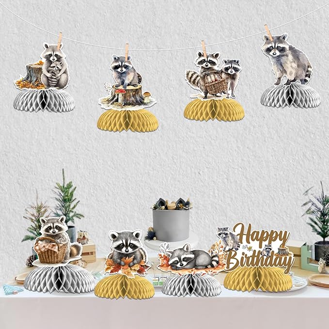 Sursurprise 8pcs Raccoon Themed Honeycomb Centerpieces, Raccoon Happy Birthday Table Topper Decorations, Raccoon Baby Shower Birthday Party Supplies