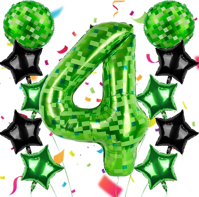 40 Inch Green Pixel Themed Number 4 Balloon Set Foil Balloon for Girls & Boys Birthday Party Decorations, Party Supplies & Favors (Number 4)