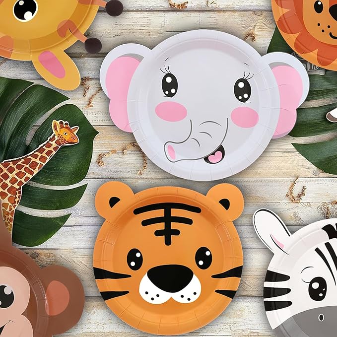 Safari Jungle Wild Animal Party Supplies 60PCS Disposable jungle zoo animal Shaped Paper Plates for Birthday Party, Baby Shower and jungle safari theme party decorations