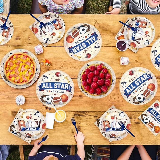 96Pcs Sports Baby Shower Party Supplies A Little All Star is On His Way Plates and Napkins Basketball Football Baseball Soccer Tableware Set for Boy Baby Shower Sports Supplies, Serves 24