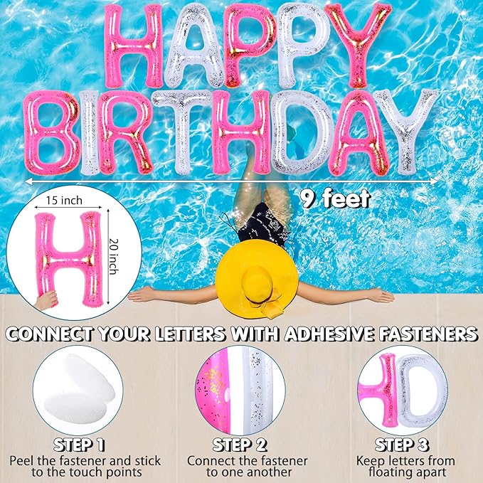 Shappy 20'' Happy Birthday Pool Large Floating Letter Balloons with Adhesive Dots Inflatable Pool Decorations for Summer Birthday Party
