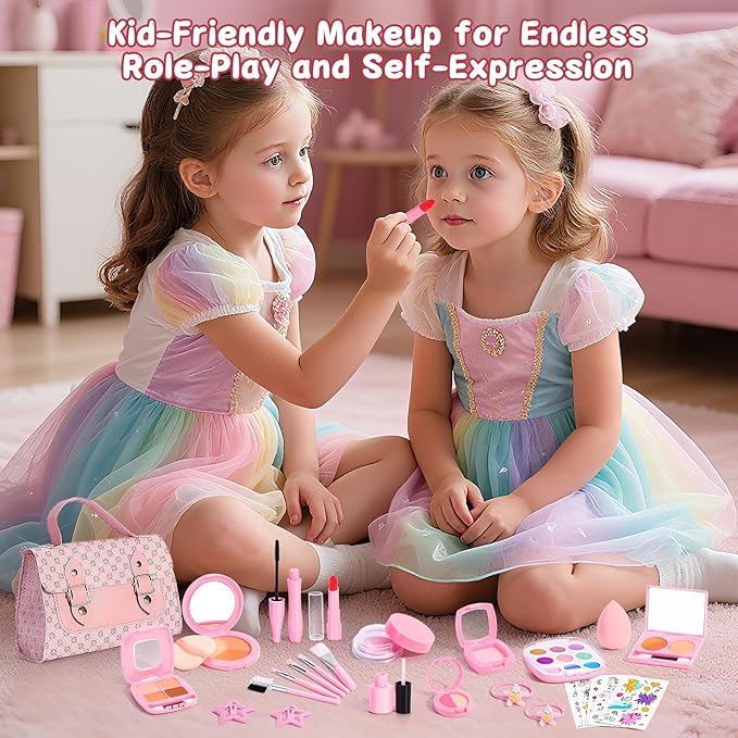 Toddlers Pretend Play Makeup Set for Kids 3-5, Fake Makeup for Girls with Toddler Purse, Make up Kit Toys for 3 4 5 6 7 Year Old Little Girls Birthday Gift