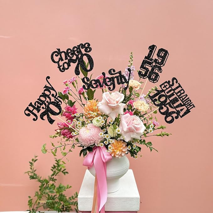 Gyufise 15Pcs Happy 70th Birthday Centerpiece Sticks Seventy Straight Outta 1956 Table Flower Centerpieces Sticks Decorations for Cheers to 70th Birthday Party Supplies Black