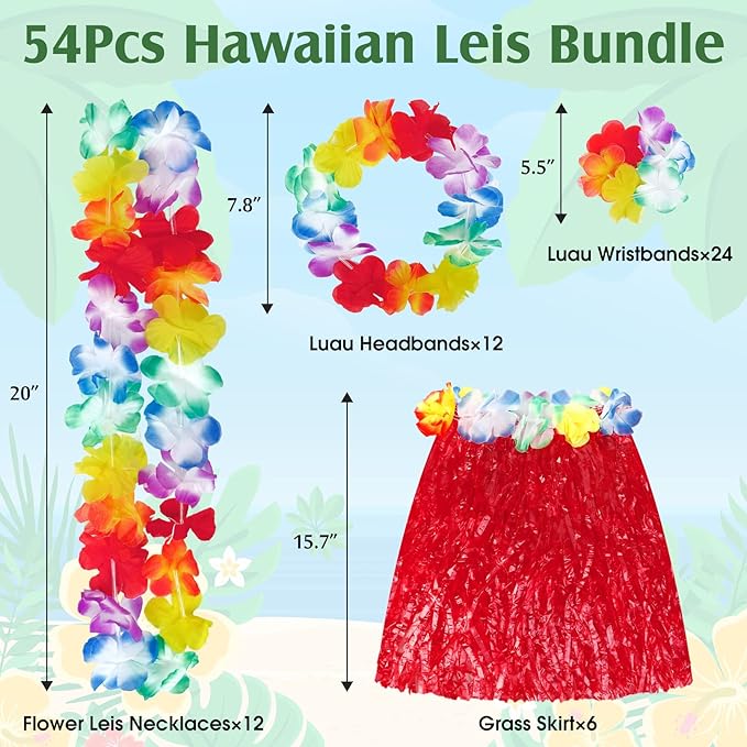 Hawaiian Leis Luau Party Decorations Set, 54Pcs Hawaiian Luau Party Supplies Flower Leis Necklaces Headbands Wristbands Grass Hula Skirt Lays Tropical Summer Beach Birthday Holiday Party Favors