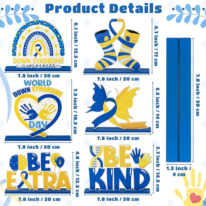 6Pcs Down Syndrome Awareness Wooden Tiered Tray Decoration Centerpieces, Yellow Blue Ribbon Wood Sign Table Topper Decor The Lucky Few Holiday Party Supplies for School Home Office Desk Shelf