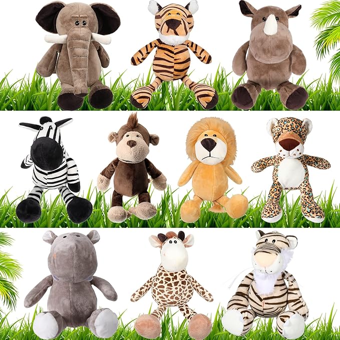 HyDren 10 Pieces 9 Inches Safari Stuffed Animals Set and Elephant Giraffe Lion Tiger Monkey Rhinoceros Zebra Leopard Hippo for Shower Jungle Animal(Classic)