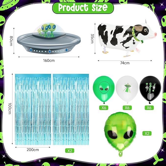 24PCS Alien Birthday Party Decorations Set, Space Theme Party Supplies with Alien & Cow Balloons Decorations, Blue Foil Fringe Curtain, Outer Space Birthday Decorations