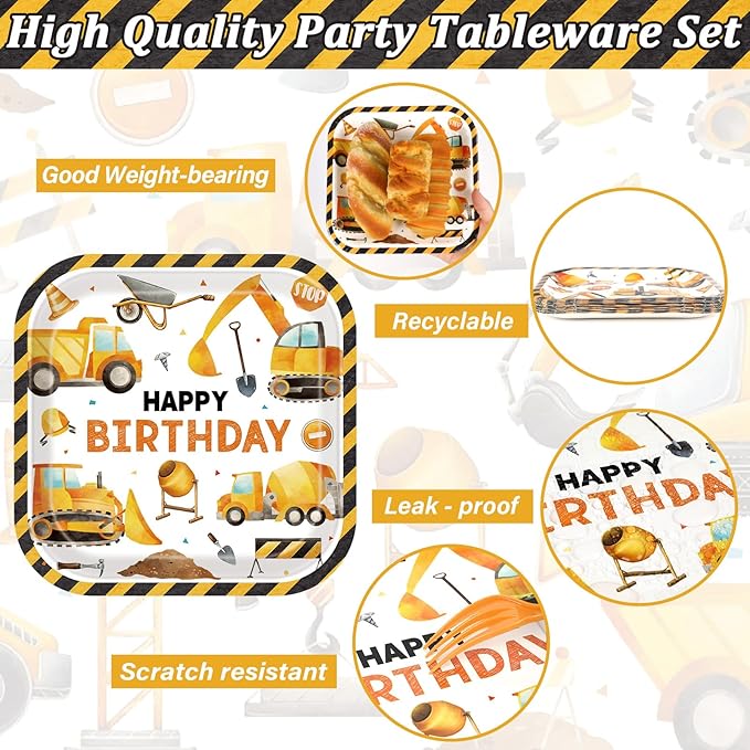 gisgfim Construction Birthday Party Supplies Construction Theme Decorations Square Truck Constructions Disposable Plates Napkins Tableware Set for Boys Kids Birthday Party Favors Serves 24 Guests