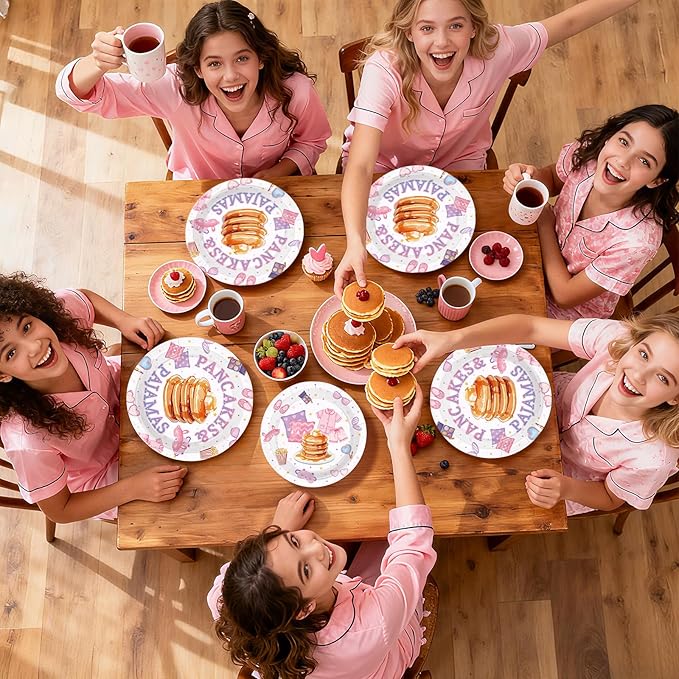 96Pcs Pancakes and Pajamas Party Supplies Pajama Brunch Plates and Napkins Girls Pink Night Sleepover Tableware Set for Girls Night Pancake Themed Slumber Party Decorations Serves 24