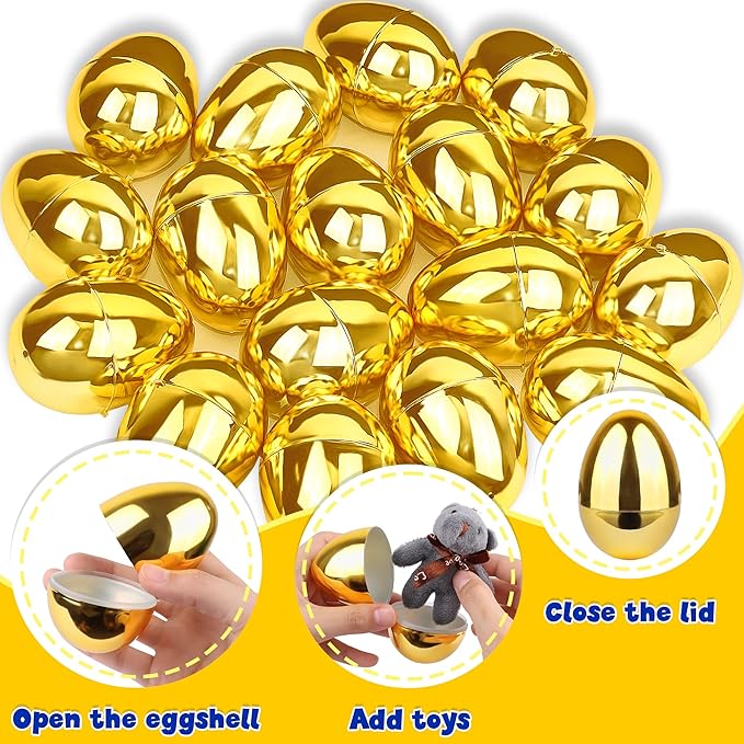 48 Pack Gold Easter Eggs, 2.4 Inch Metallic Plastic Empty Golden Eggs Fillable for Easter Eggs Hunt, Easter Basket Stuffers Fillers, Classroom Prize Supplies, Filling Treats and Party Favors