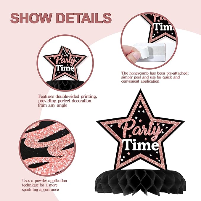 12 Pcs Birthday Table Decorations Glitter Rose Gold Black Birthday Decorations Honeycomb Centerpieces for Table Decor Girls Boys Women Men Party Supplies
