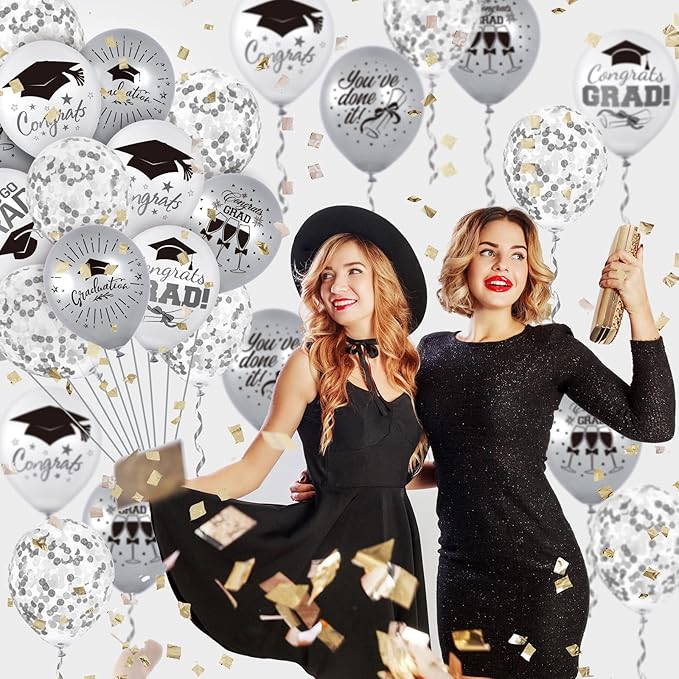 Whaline 60Pcs Graduation Party Balloon Set 7 Designs Silver White Confetti Latex Balloon with 2 Rolls Ribbon Grad Cap Congrats Grad Balloon for Graduation Party Decoration Supplies