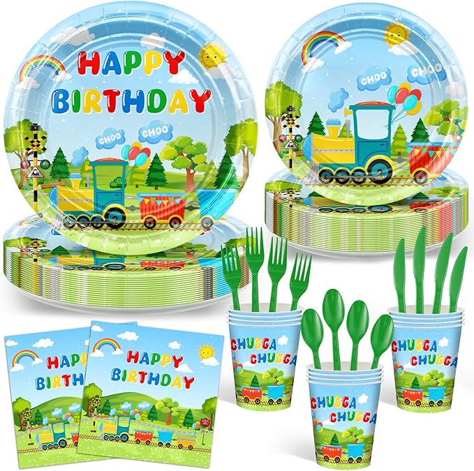 Avezano 168 PCS Train Birthday Party Supplies Includes Paper Plates, Cups, Napkins, Knives, Forks, Spoons for Chuagaa Train Birthday Party Decorations, Serves 24