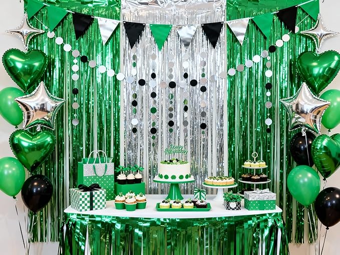 3 Packs Green Silver Foil Fringe Curtains, Birthday Party Decorations Backdrop Tinsel Steamer, Graduation Party Decorations Retirement Decor Party Backdrop